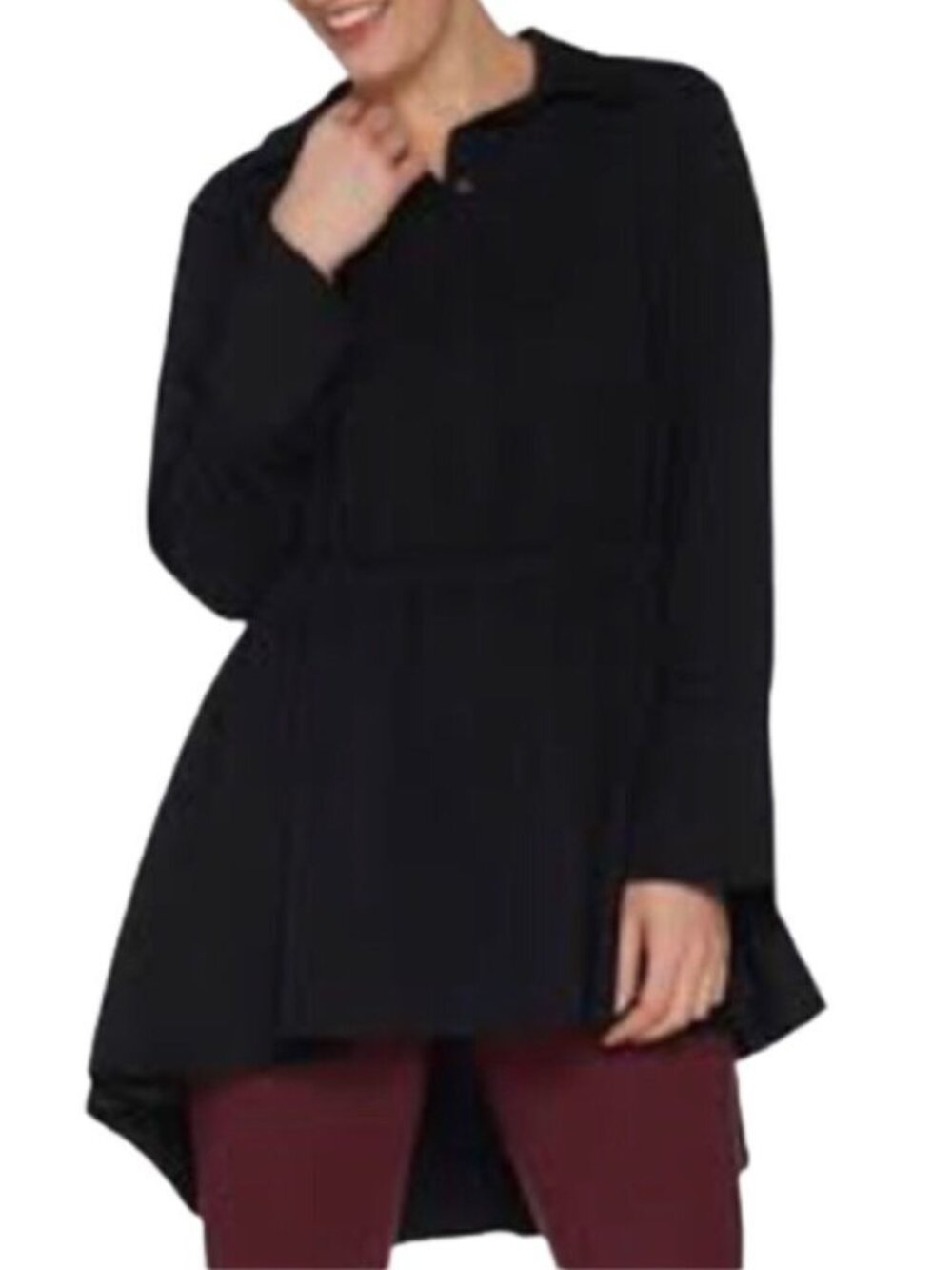 Du Jour Hi-Low Hem Woven Slit Cuffs Blouse